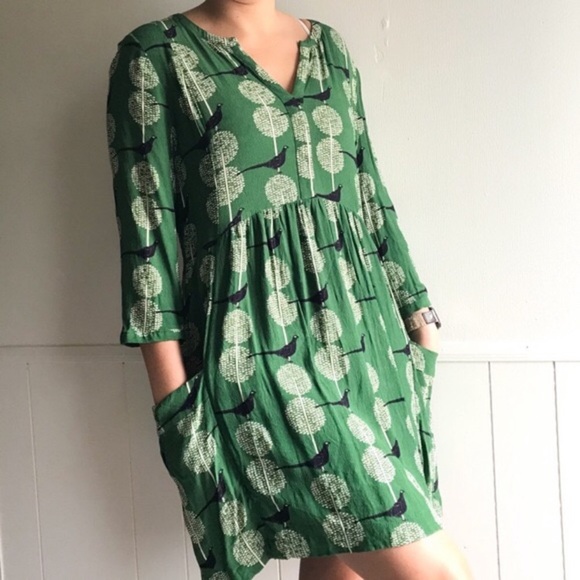 Anthropologie Maeve Devery Green Birds Dress | S